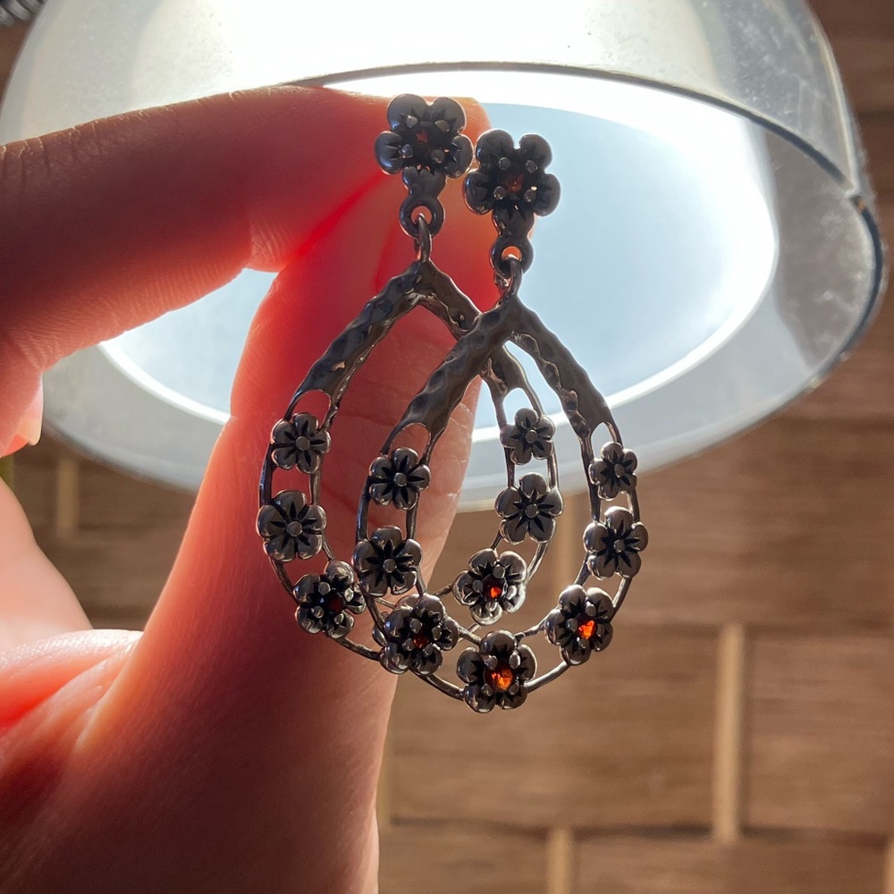 Sterling Silver Garnet Floral Teardrop Earrings - Picture 5 of 6